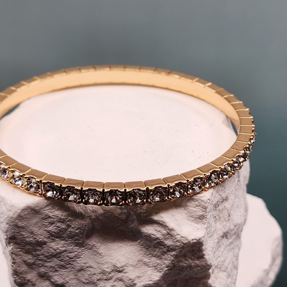 Gold Tone Clear Rhinestone Flex Bangle Bracelet Vintage Glam Statement Jewelry